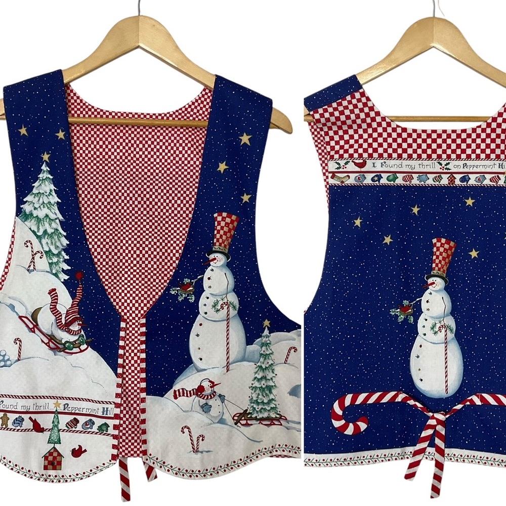 HANDMADE OS Christmas Winter Themed Vest Snowmen Candy Sledding Peppermint Hill
